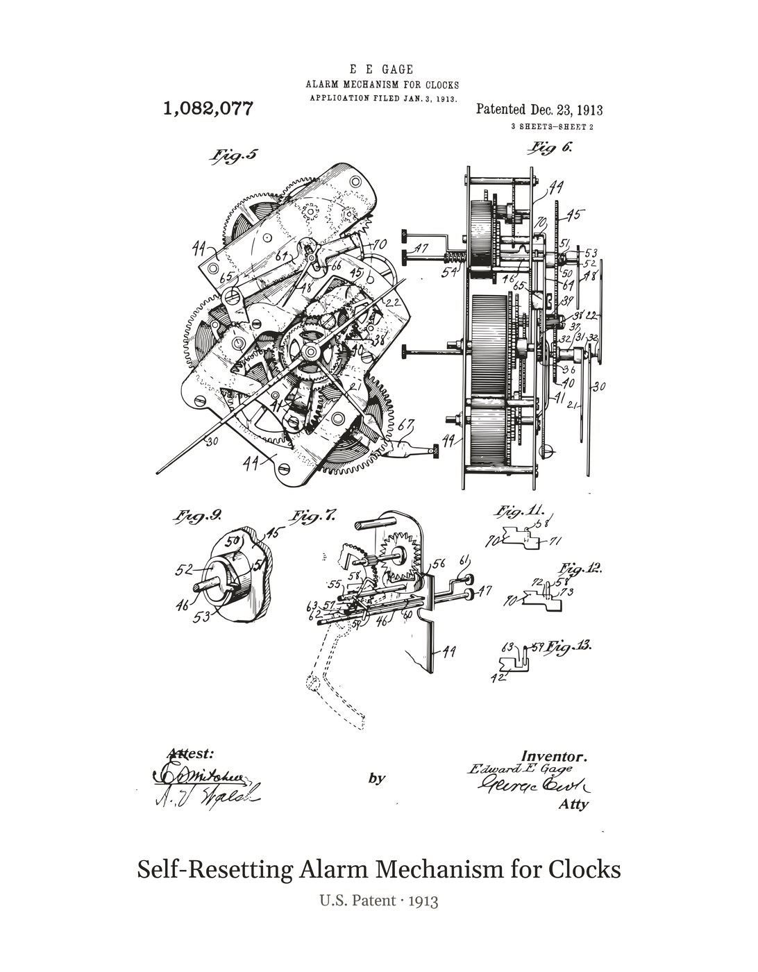 Self-Resetting Alarm Mechanism for Clocks patent art print