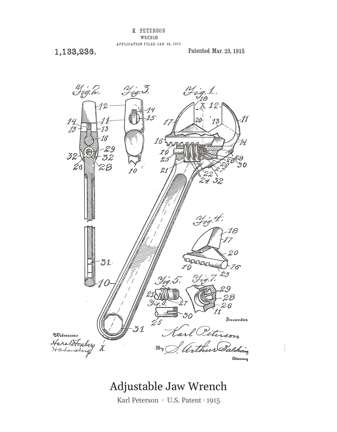 Adjustable Jaw Wrench patent art print