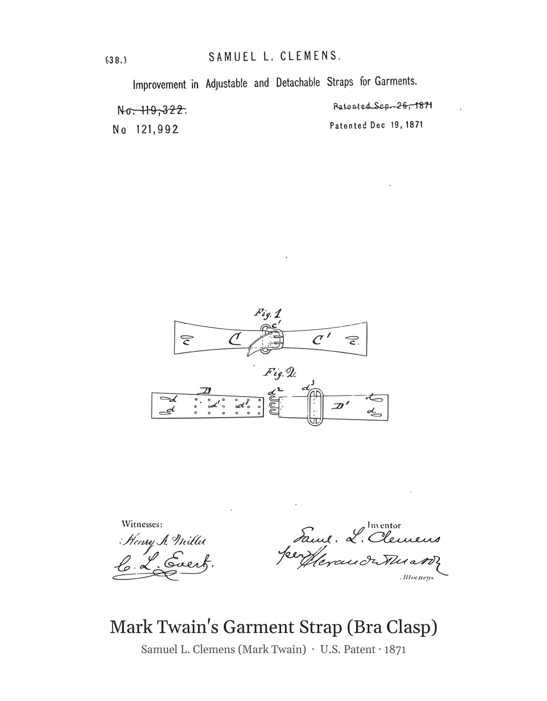 Mark Twain's Garment Strap (Bra Clasp) patent art print