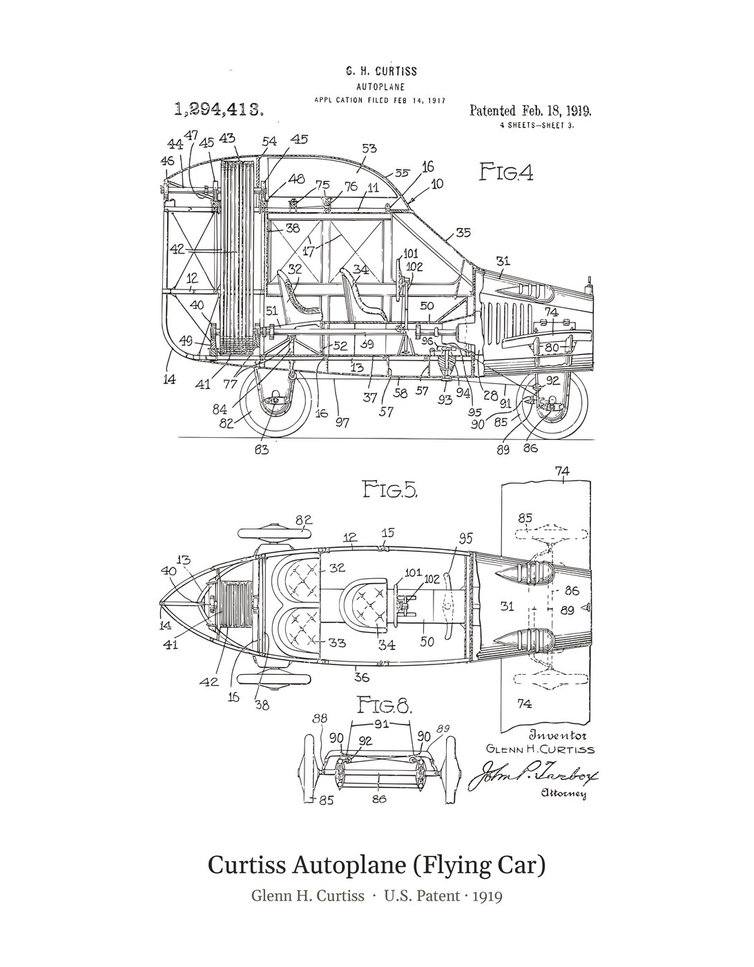 Curtiss Autoplane (Flying Car) patent art print