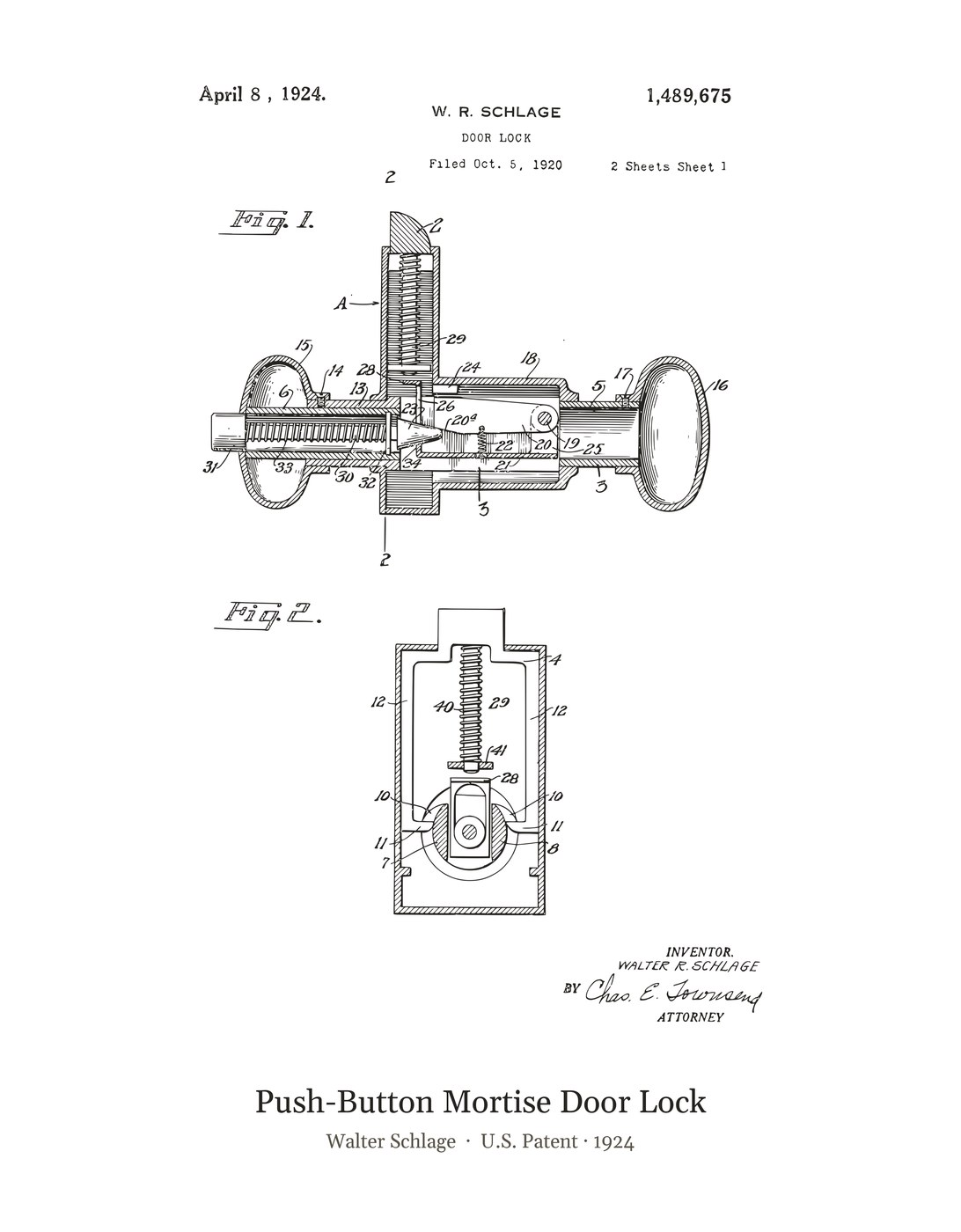 Push-Button Mortise Door Lock patent art print