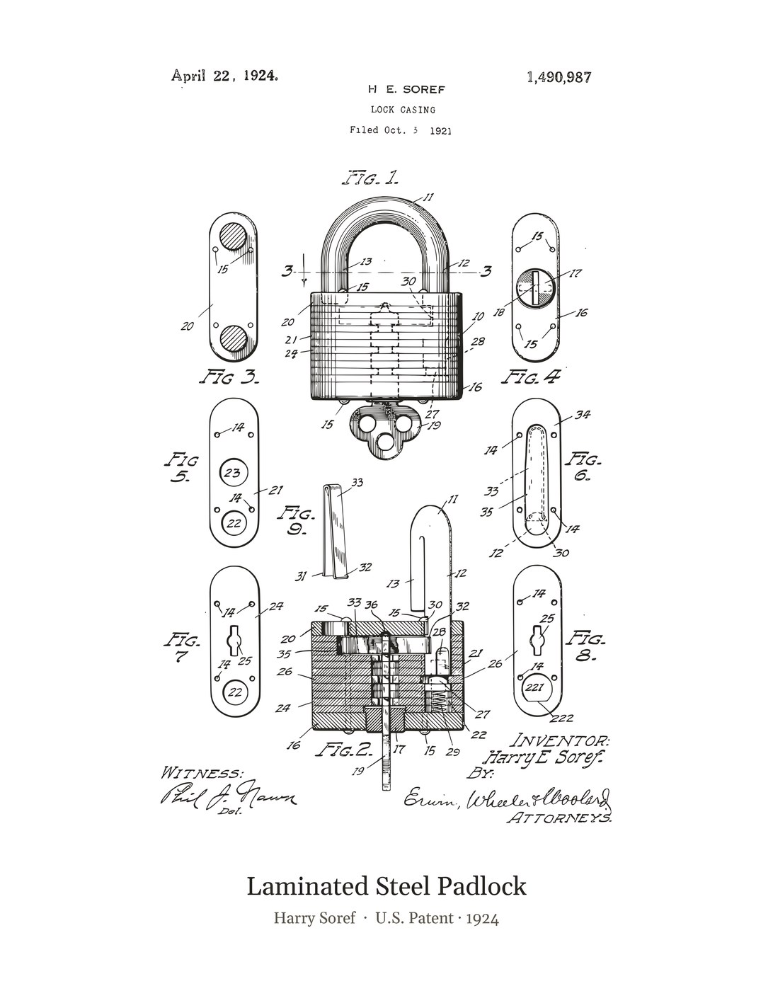 Laminated Steel Padlock patent art print