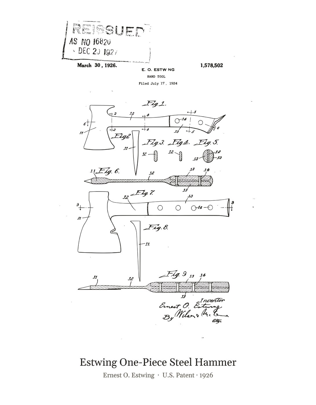 Estwing One-Piece Steel Hammer patent art print