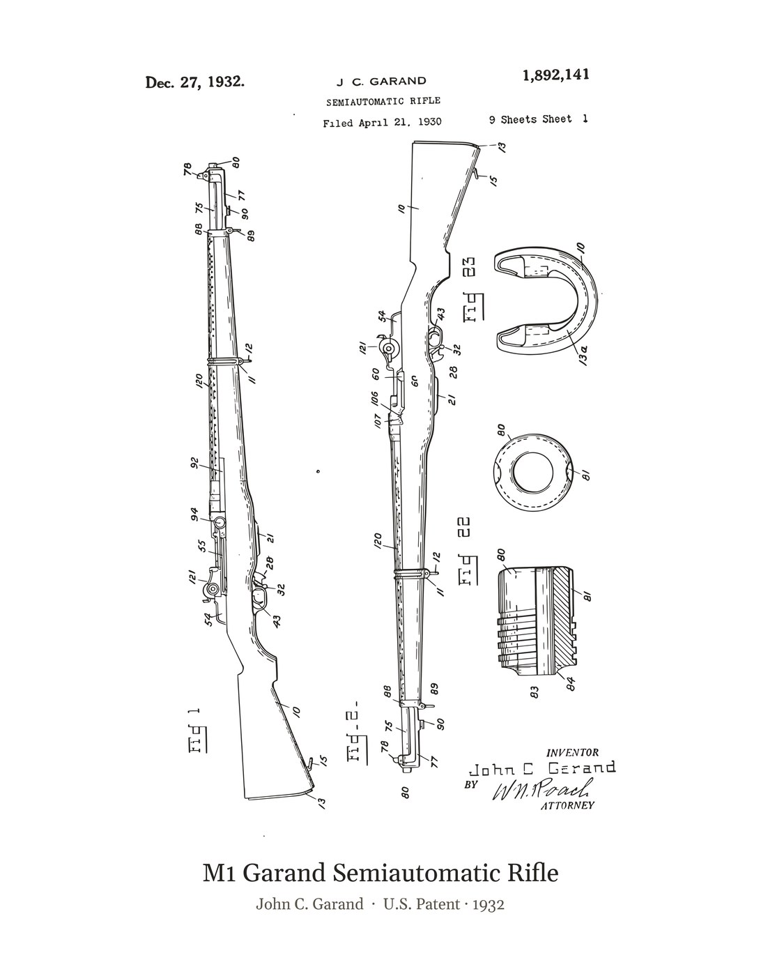M1 Garand Semiautomatic Rifle patent art print