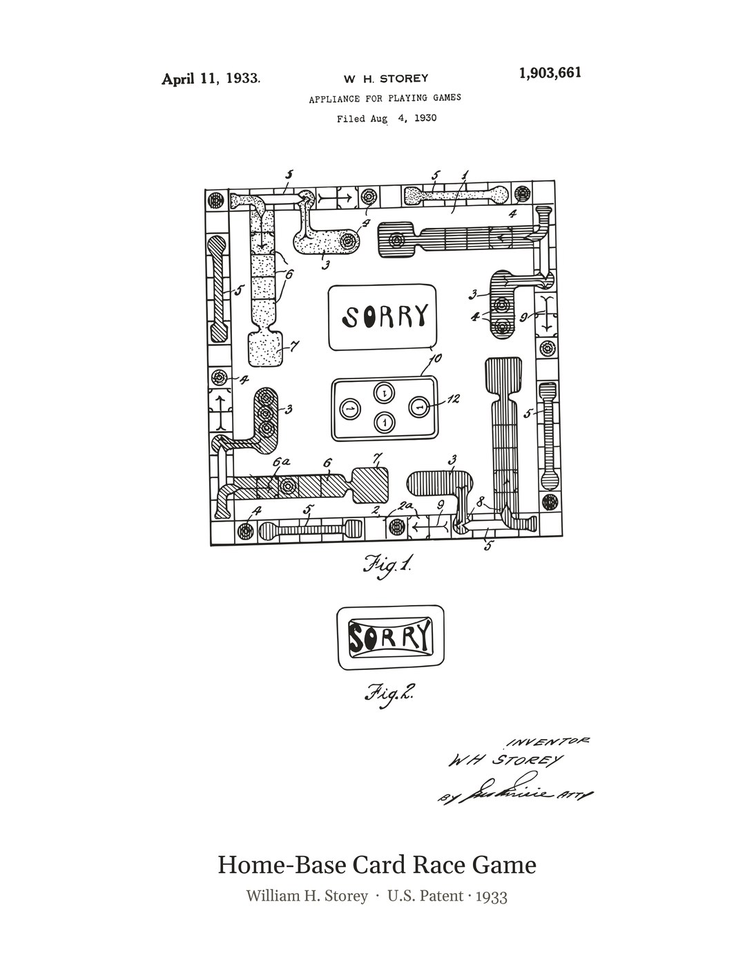 Home-Base Card Race Game patent art print