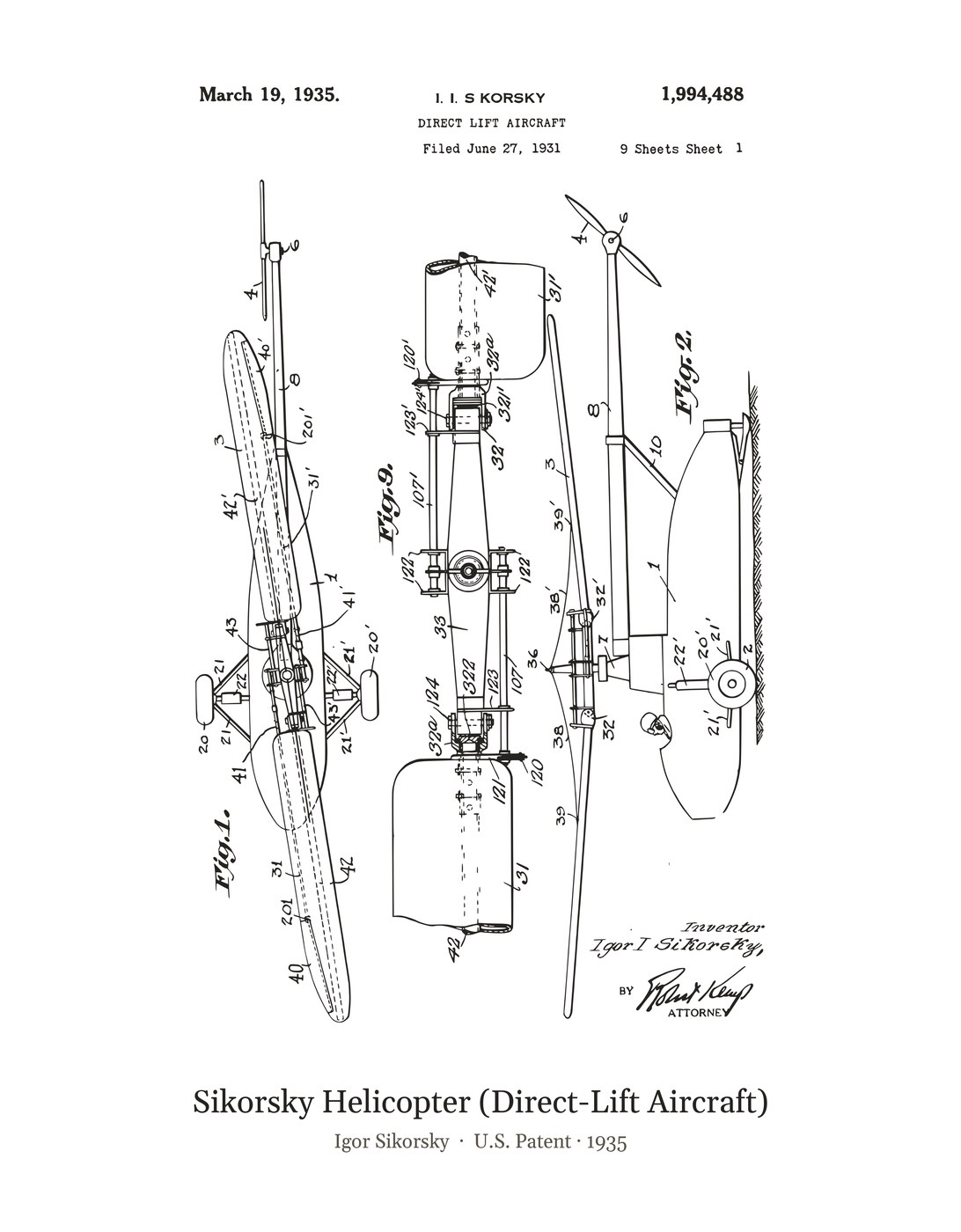 Sikorsky Helicopter (Direct-Lift Aircraft) patent art print