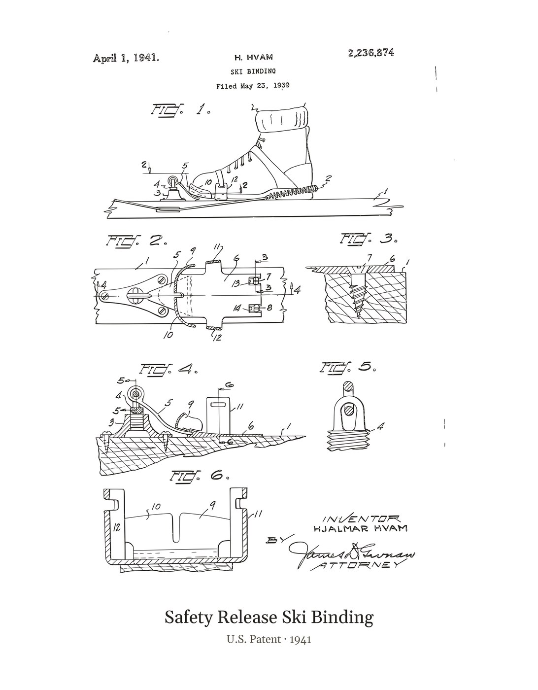Safety Release Ski Binding patent art print