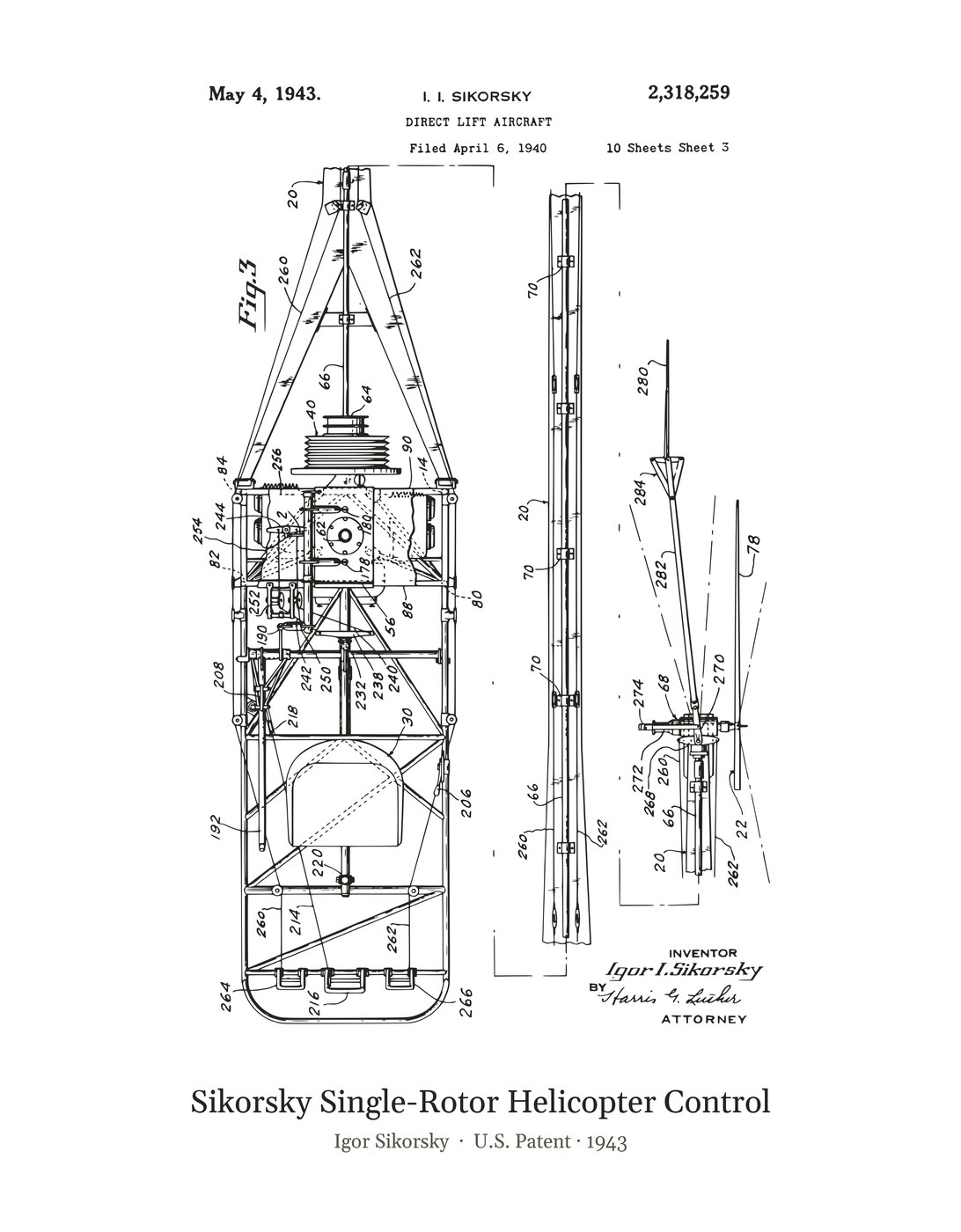 Sikorsky Single-Rotor Helicopter Control patent art print