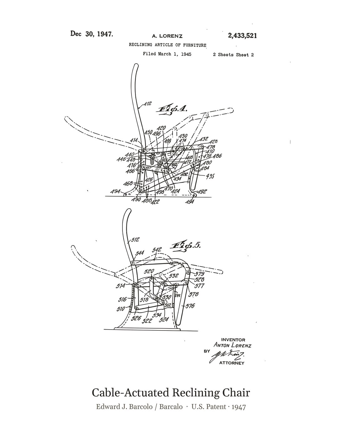 Cable-Actuated Reclining Chair patent art print