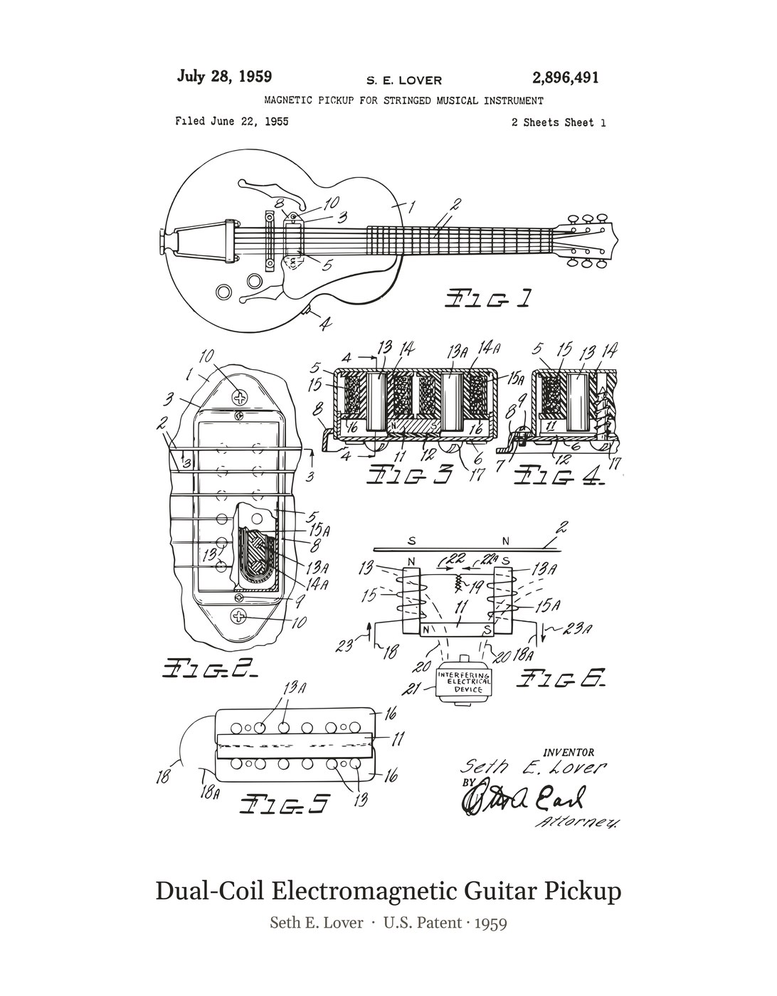 Dual-Coil Electromagnetic Guitar Pickup patent art print