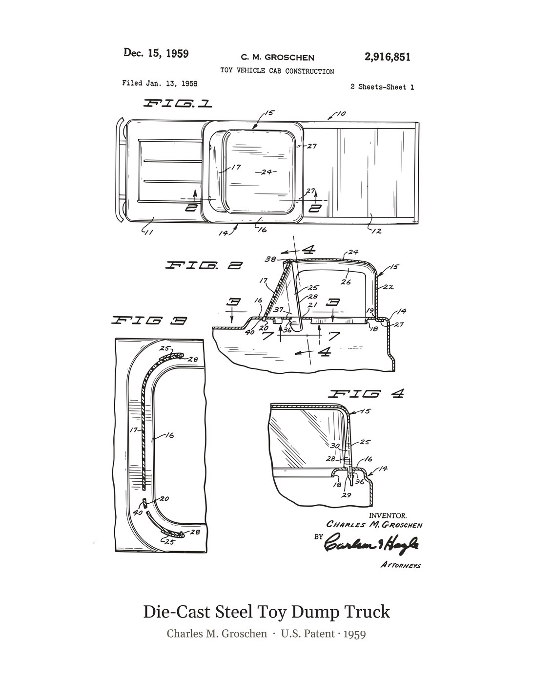 Die-Cast Steel Toy Dump Truck patent art print