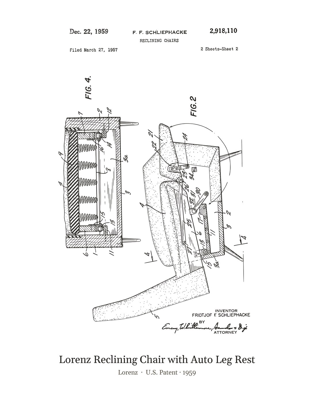 Lorenz Reclining Chair with Auto Leg Rest patent art print