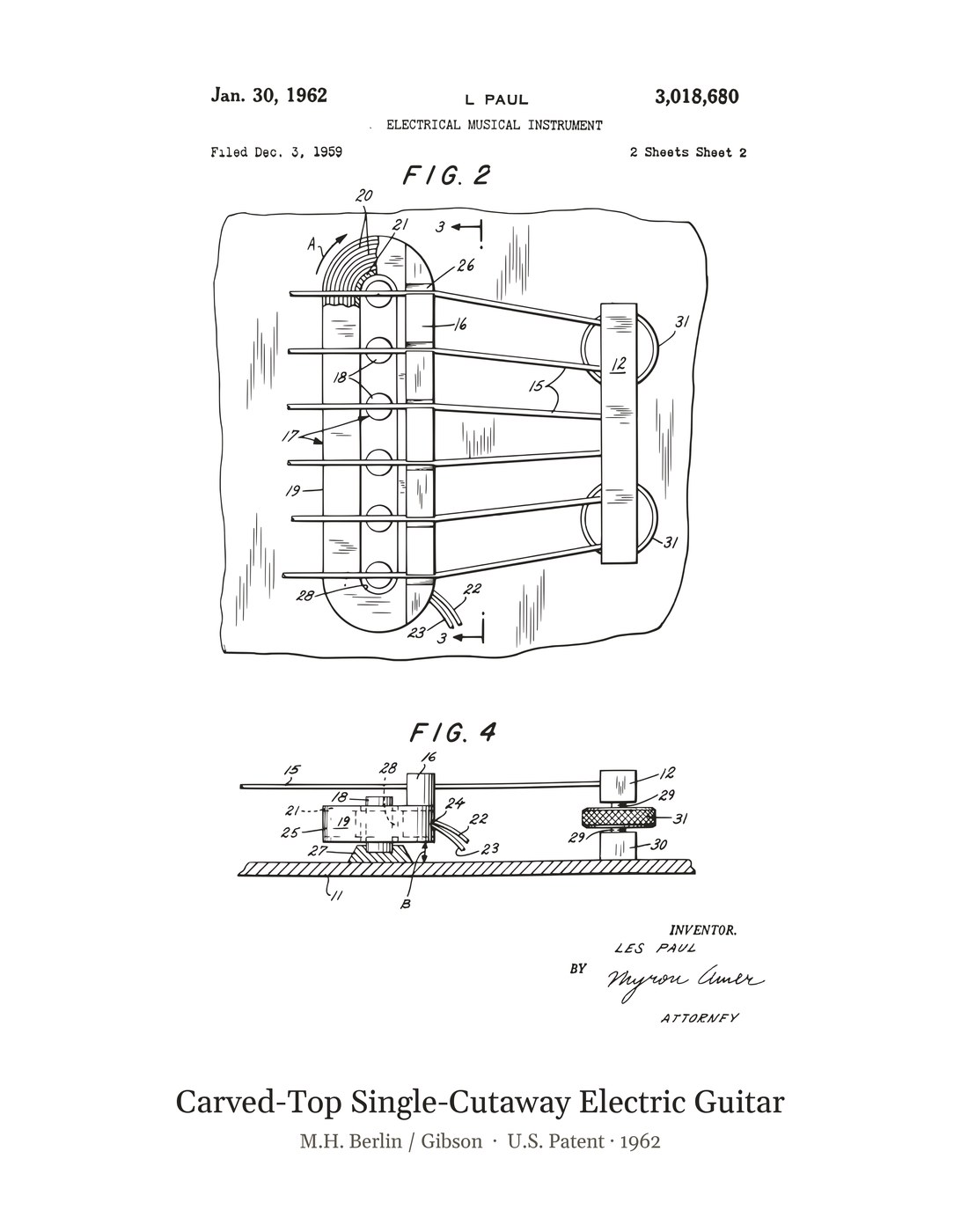 Carved-Top Single-Cutaway Electric Guitar patent art print