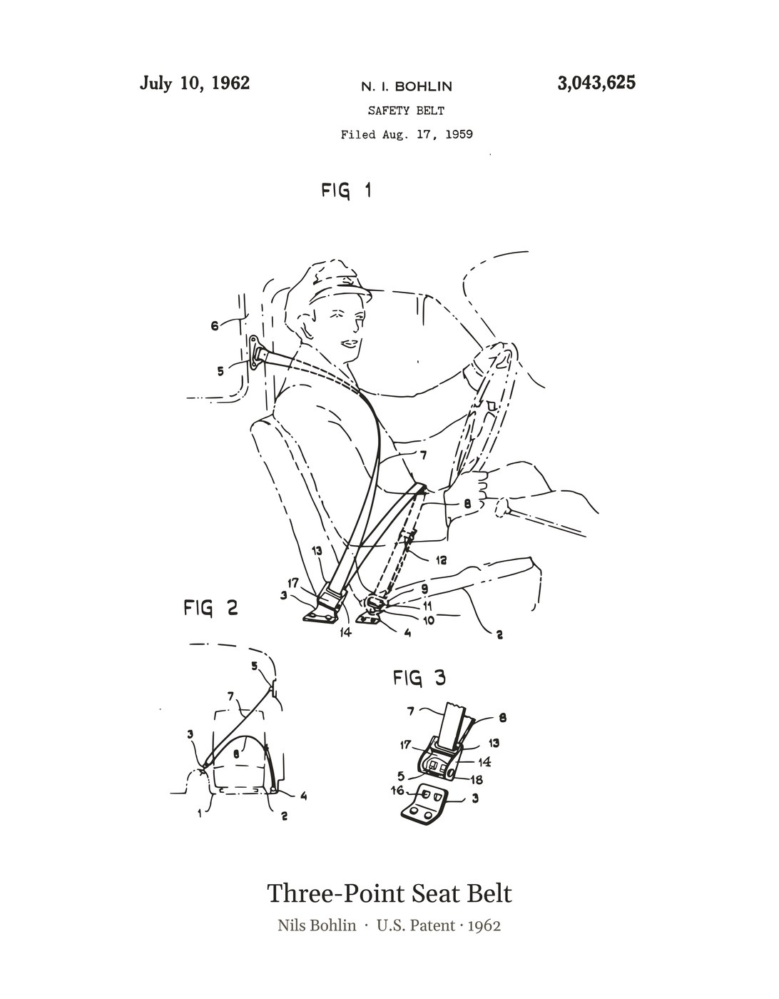 Three-Point Seat Belt patent art print
