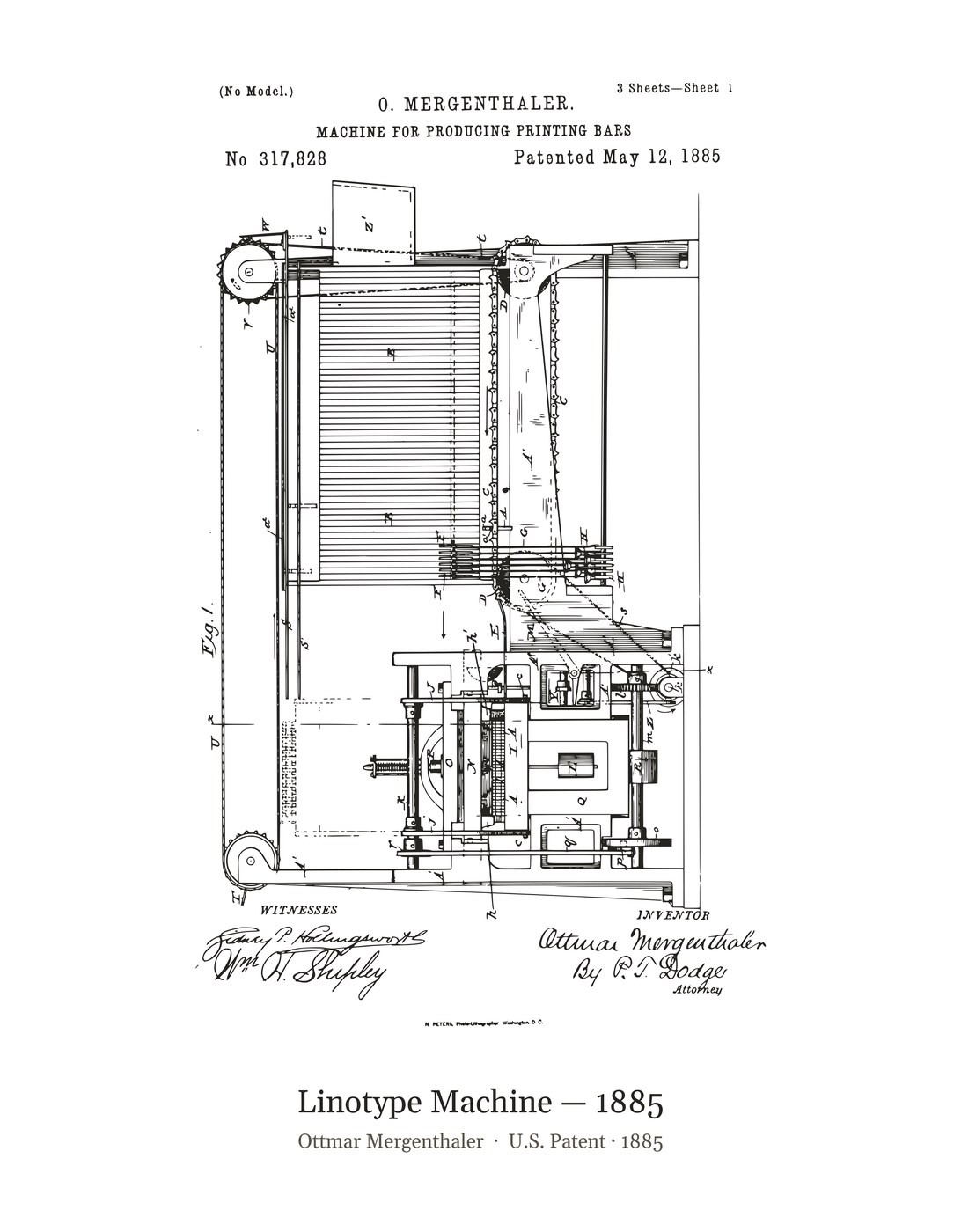 Linotype Machine — 1885 patent art print