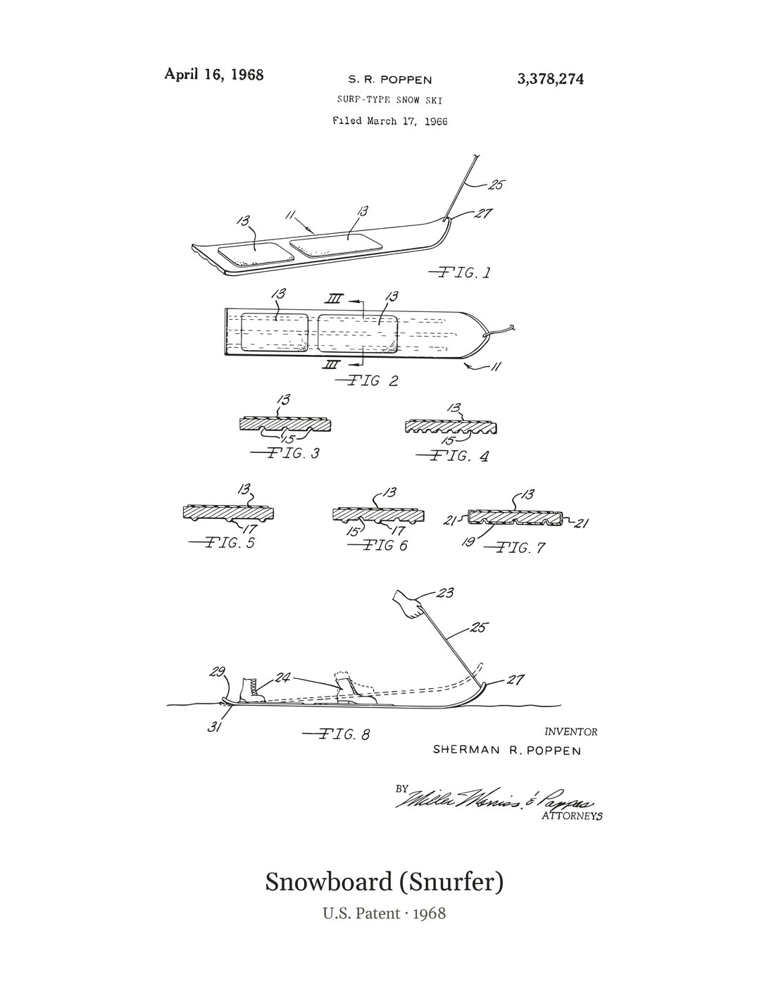 Snowboard (Snurfer) patent art print