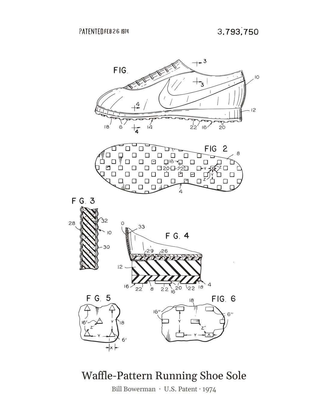 Waffle-Pattern Running Shoe Sole patent art print