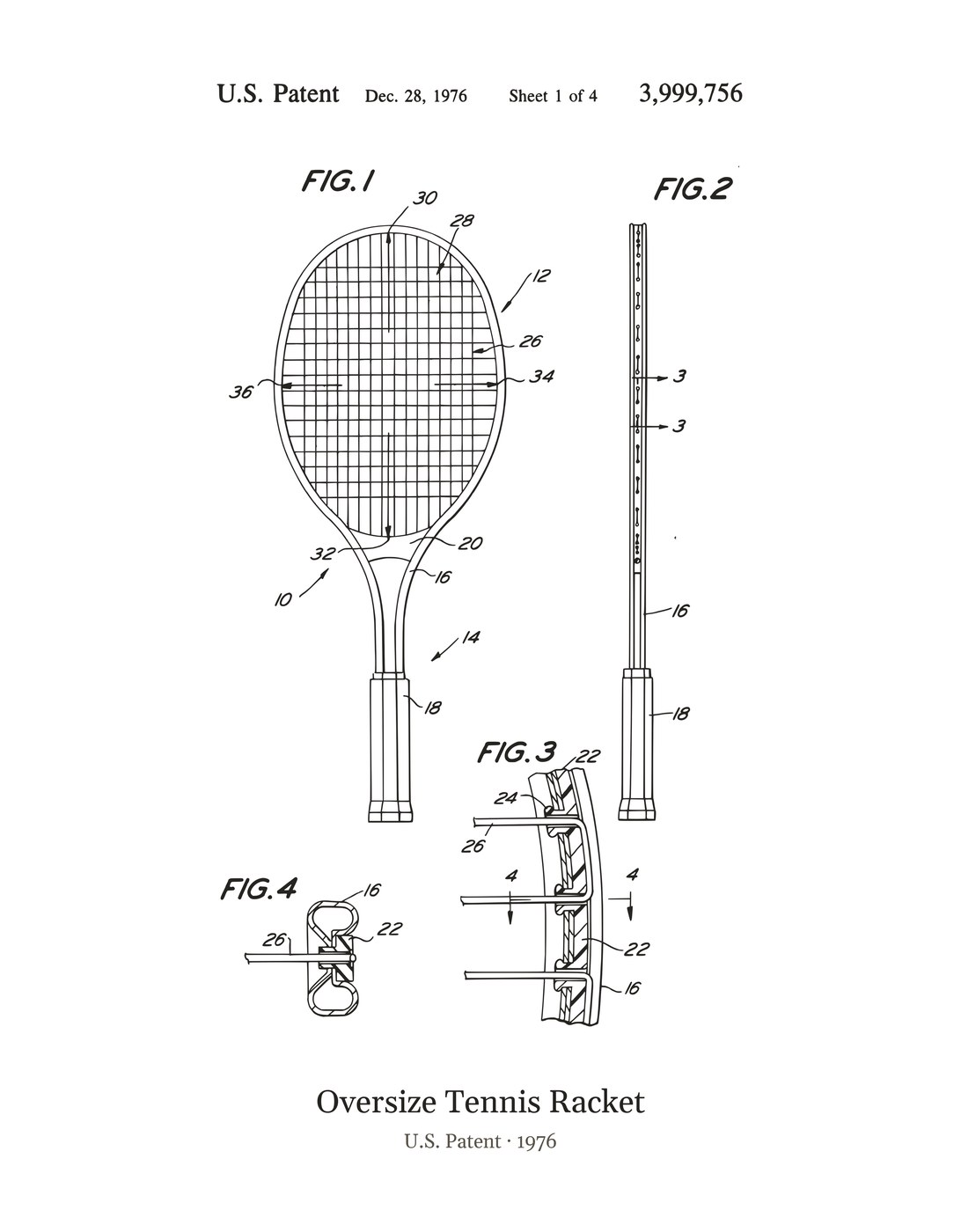 Oversize Tennis Racket patent art print