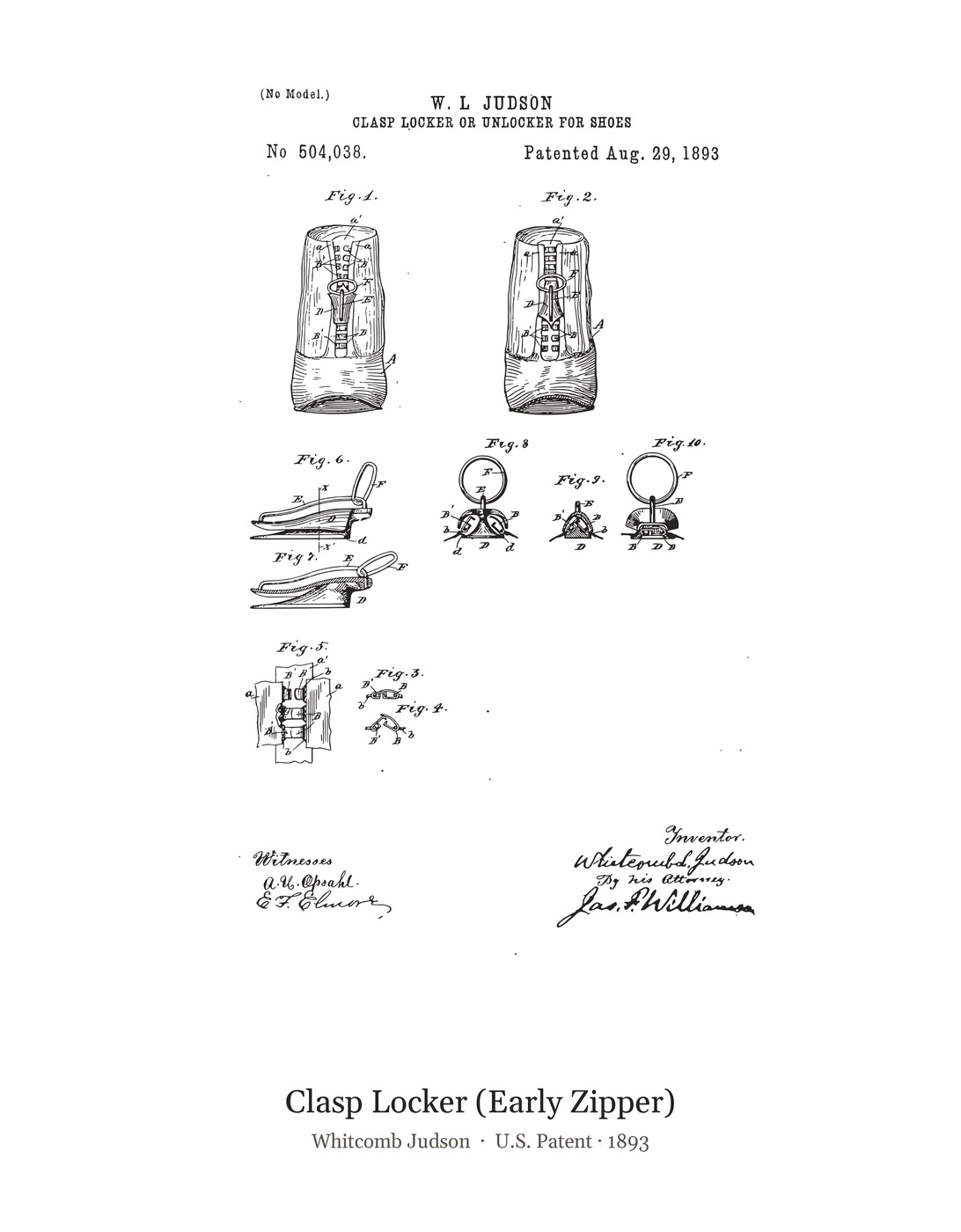 Clasp Locker (Early Zipper) patent art print