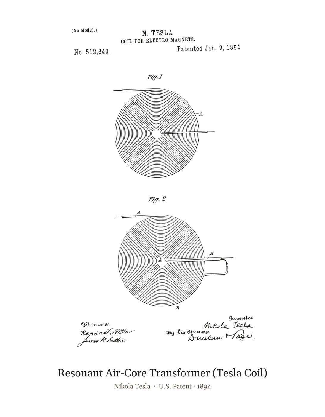 Resonant Air-Core Transformer (Tesla Coil) patent art print