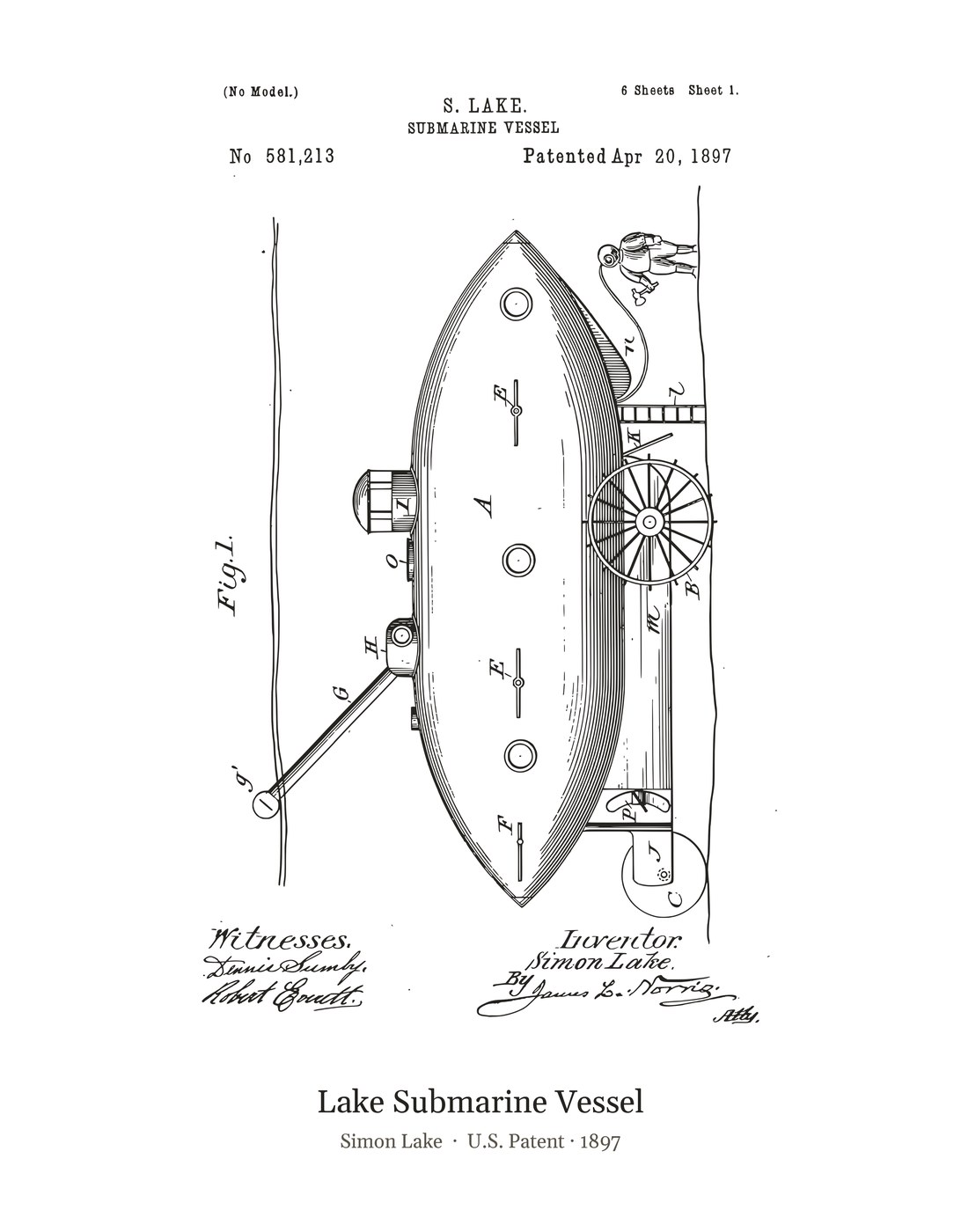 Lake Submarine Vessel patent art print