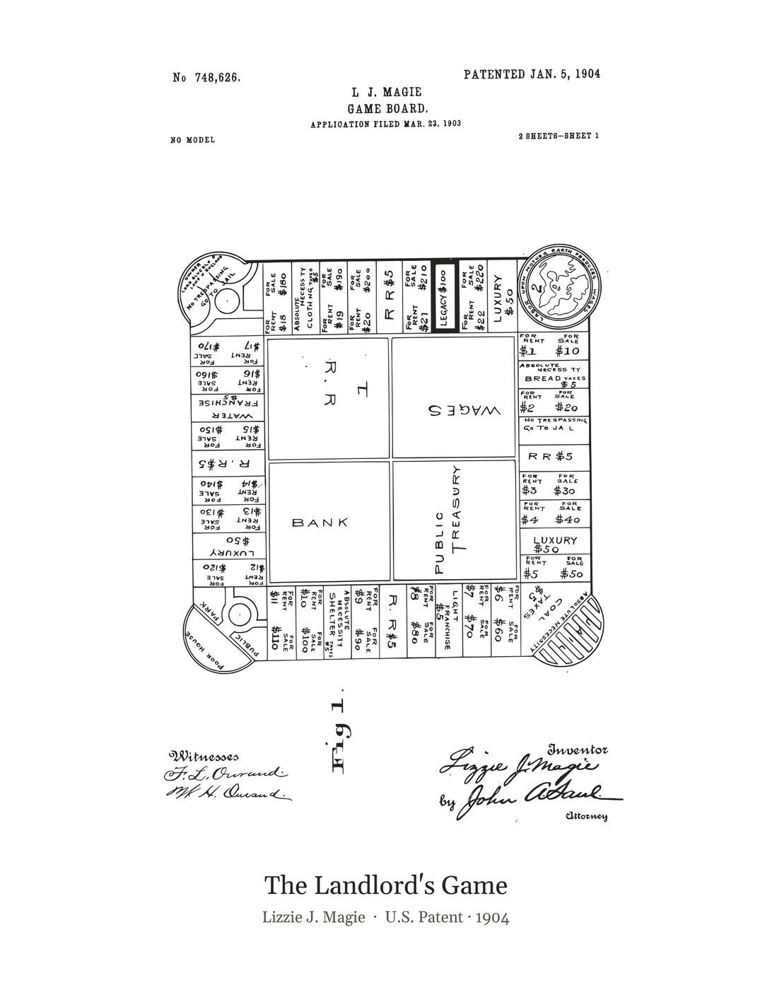 The Landlord's Game patent art print