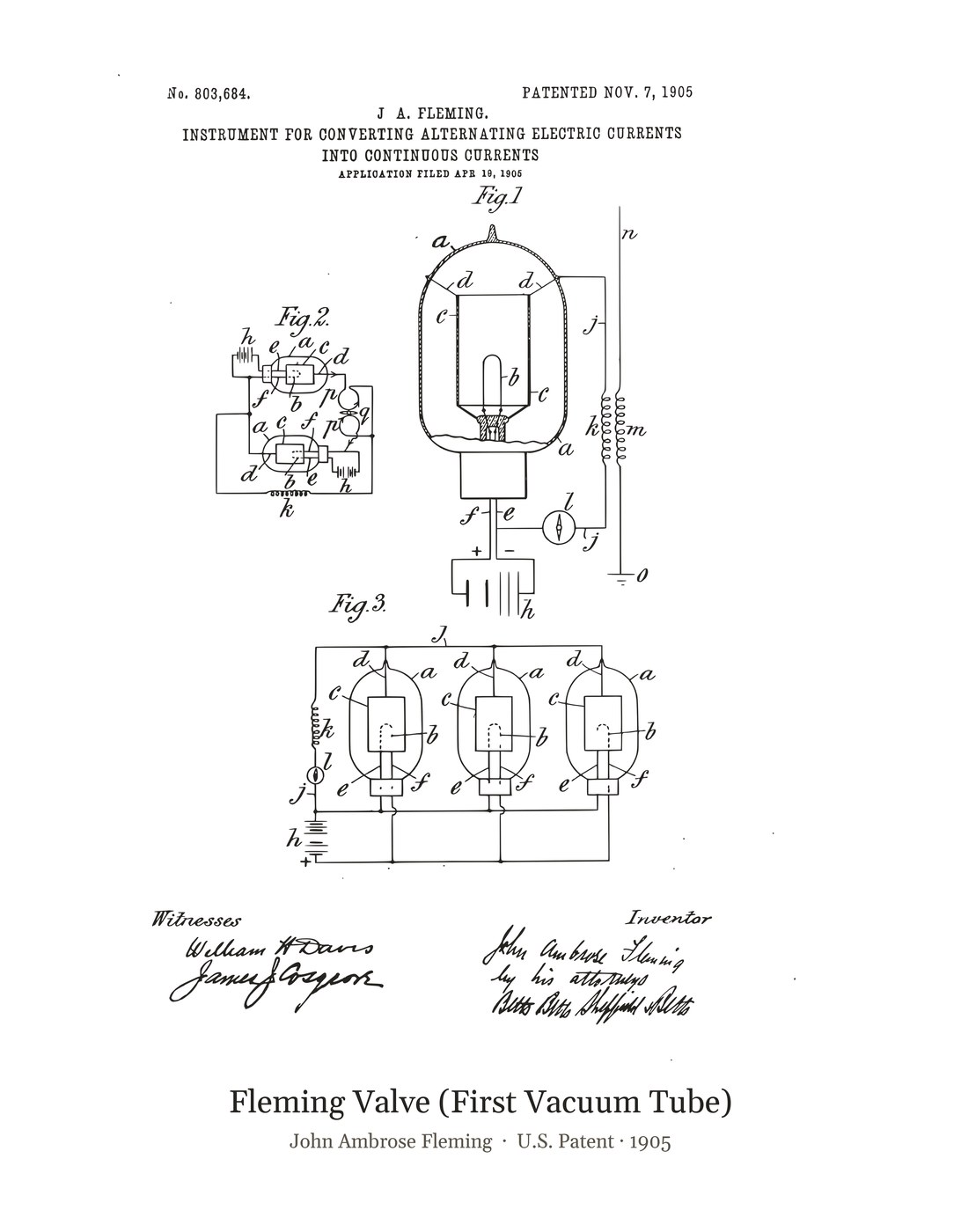 Fleming Valve (First Vacuum Tube) patent art print