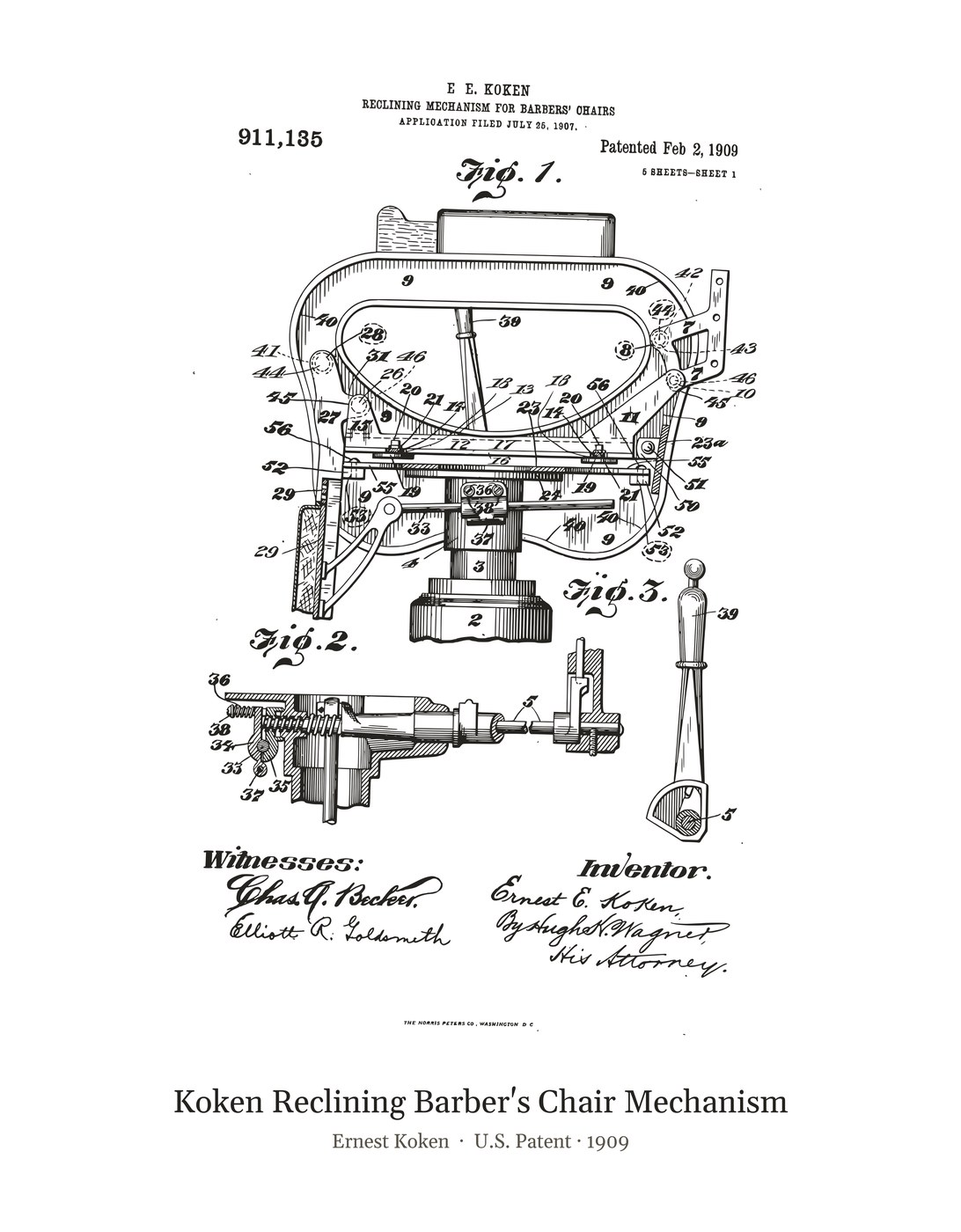 Koken Reclining Barber's Chair Mechanism patent art print