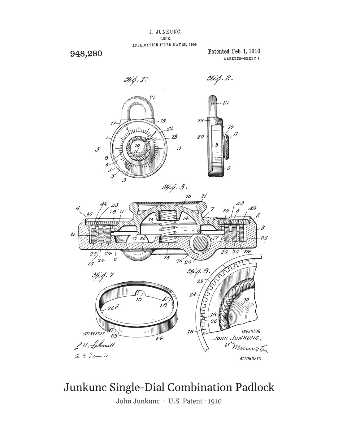 Junkunc Single-Dial Combination Padlock patent art print