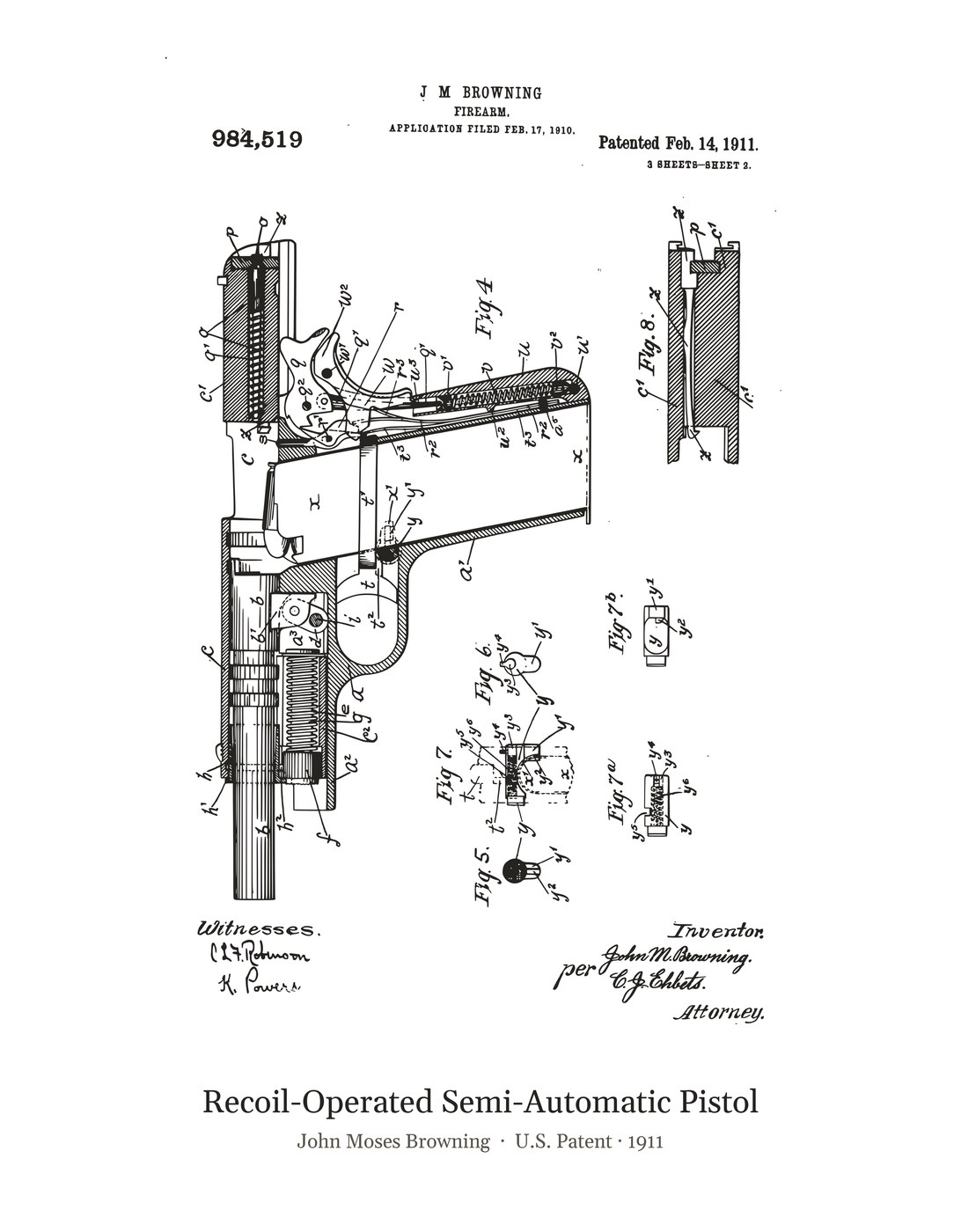 Recoil-Operated Semi-Automatic Pistol patent art print